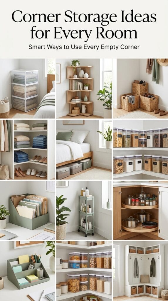 12 Corner Storage Ideas for Every Room 2 Organized home corners featuring shelves, baskets, storage bins, carts, and space-saving organization solutions.