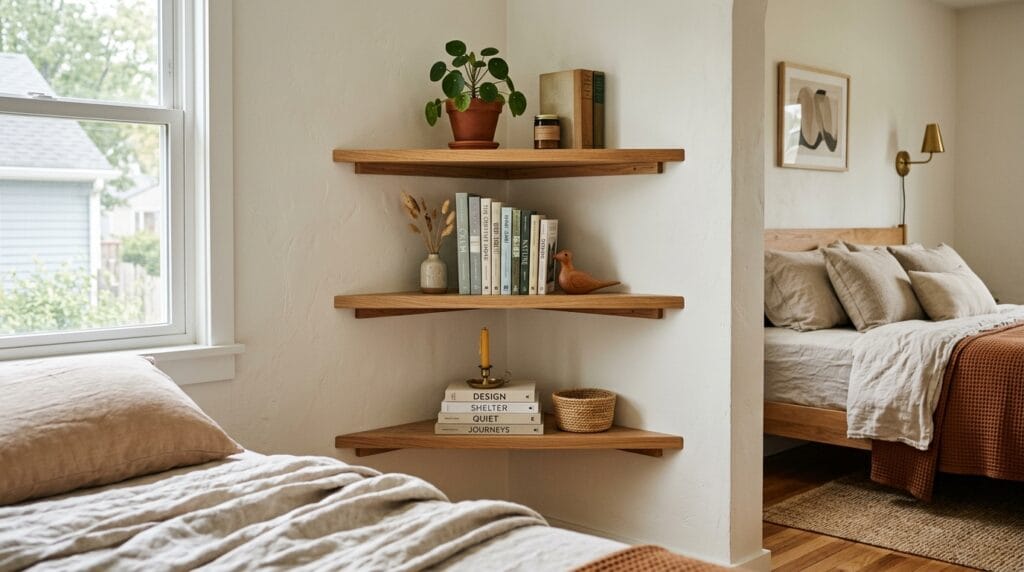 Triangular wood corner shelves mounted in a bedroom nook holding books and small objects.