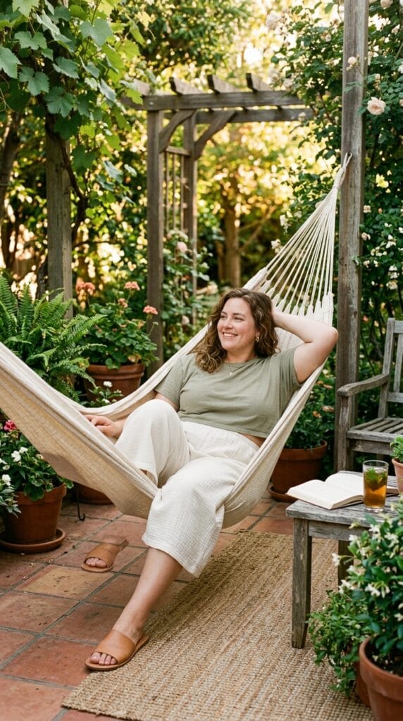 Plus size woman wearing cotton gauze culottes with a cropped tee.