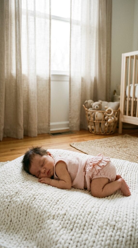 Adorable Newborn Summer Outfits for Boys and Girls 2 Newborn baby girl wearing a light pink cotton gauze ruffled diaper cover set on a white blanket.