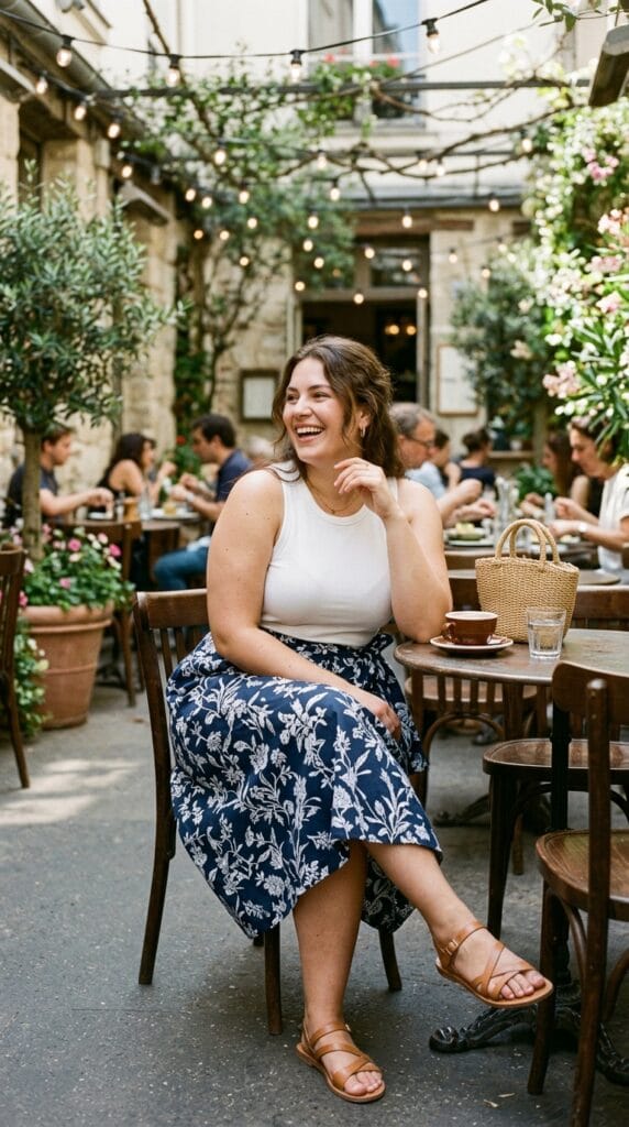 Plus-size woman wearing cotton poplin wrap skirt with ribbed tank top.