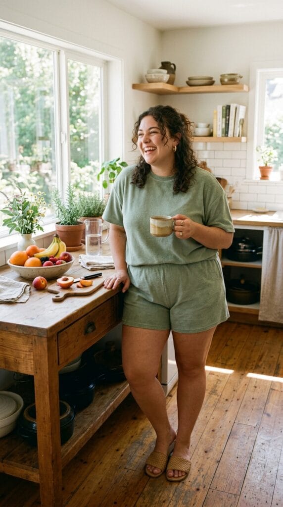 Plus-size woman in cotton terry matching short set and slide sandals.