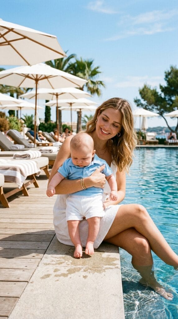 Adorable Newborn Summer Outfits for Boys and Girls 15 Newborn at a pool wearing a sky blue cotton terry polo shirt and white shorts.