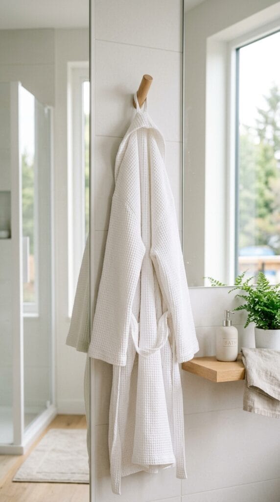 Last Minute Birthday Gifts for Her That Still Feel Incredibly Thoughtful 11 A white waffle-weave cotton bathrobe hanging on a wooden peg in a bathroom.