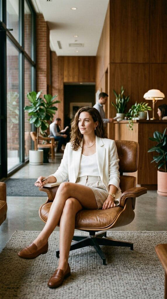 Styled summer suit with white crepe blazer and relaxed oatmeal linen shorts.