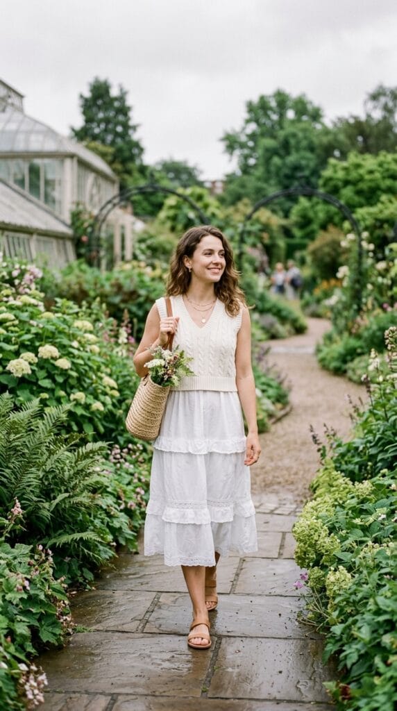 A woman in an ivory cable-knit vest over a white slip dress.