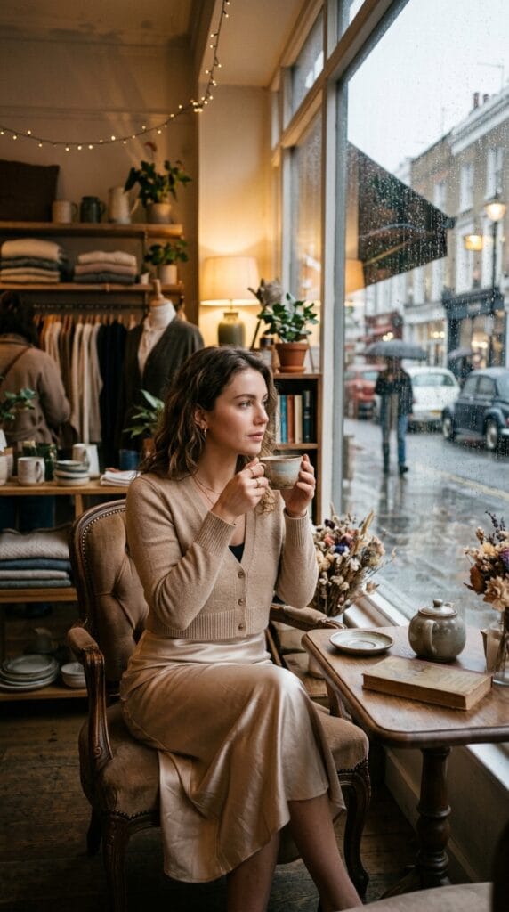 A woman wearing a beige cropped cardigan sweater and champagne silk slip skirt.