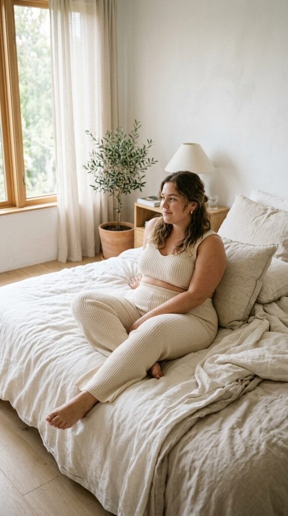 Plus-size woman wearing a cropped knit top with wide-leg knit pants.