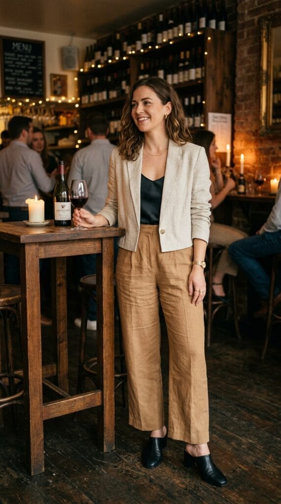 Modest Summer Outfits That Work for Every Occasion 9 Woman in a cropped linen blazer and wide-leg trousers at a bar