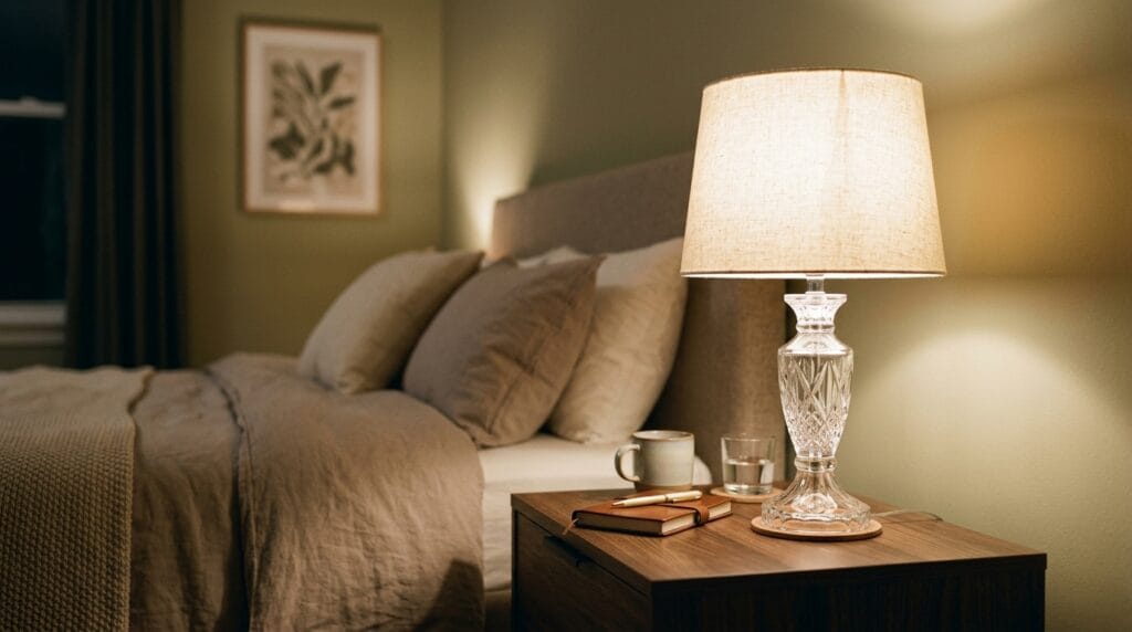 Coquette bedroom decor: soft, feminine, and utterly pretty 9 Crystal-style table lamp glowing softly on a bedroom nightstand during the evening hours.