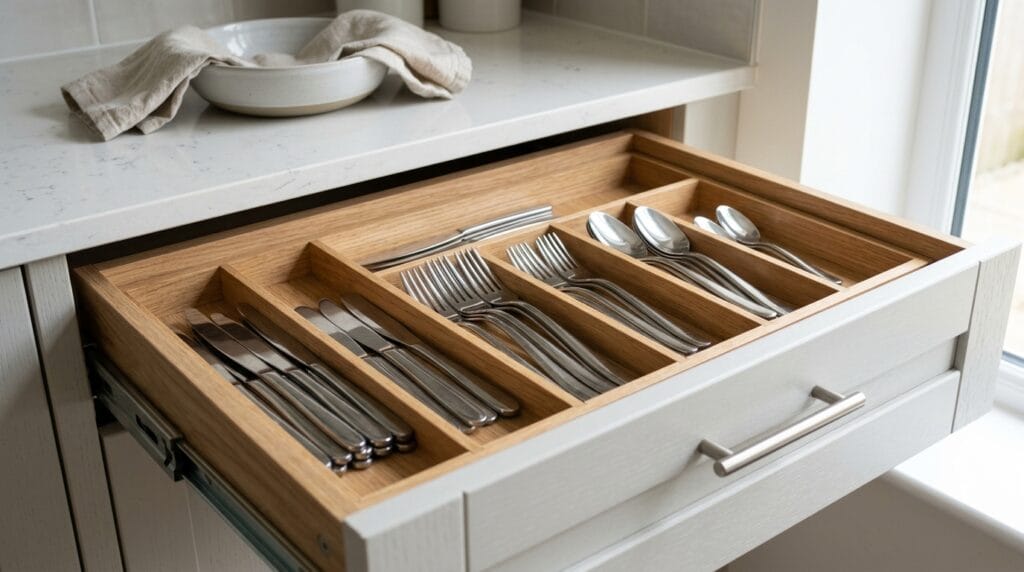 A wooden cutlery tray separating forks, spoons, and knives inside a kitchen drawer
