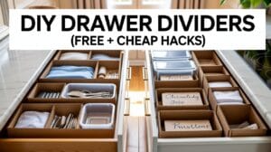 Organized drawer with dividers, storage bins, and labeled containers arranged neatly on wood surface
