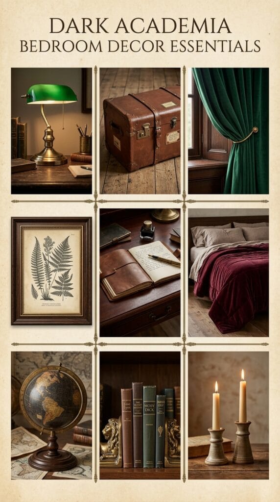 A Pinterest collage displaying nine dark academia bedroom decor essentials including a brass banker's lamp, leather trunk, velvet curtains, botanical print, writing desk, velvet quilt, vintage globe, brass bookends, and ceramic candle holders.