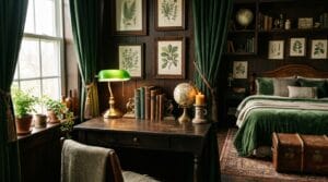 An atmospheric bedroom styled with scholastic accessories, deep textures, and rich wood tones.
