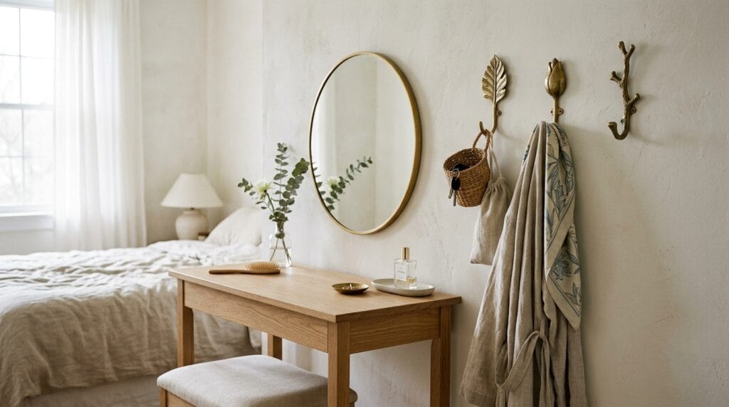 Coquette bedroom decor: soft, feminine, and utterly pretty 7 Ornamental wall hooks mounted near a softly lit bedroom vanity and dressing area.