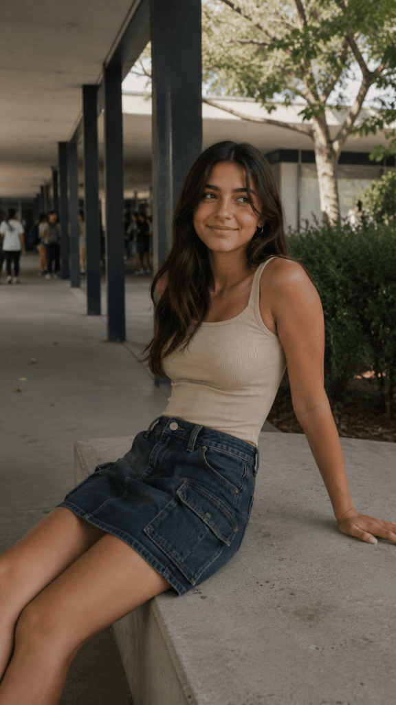 Summer School Outfit Ideas for Teen Girls: Fun, Fresh & Totally On-Trend 3 Teen girl wearing a dark wash denim cargo skirt and beige ribbed tank top.