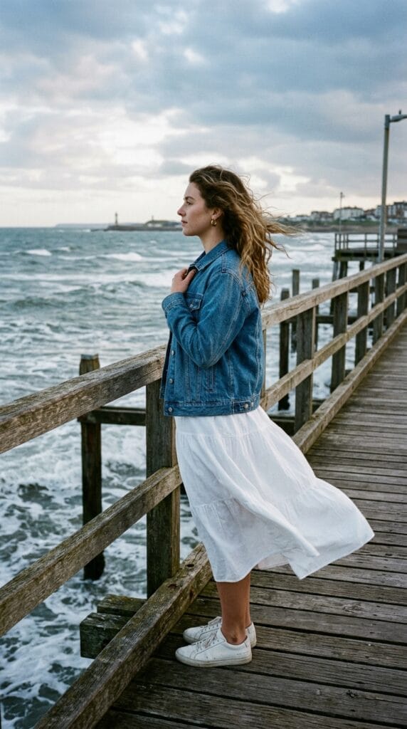 How to Style Summer Dresses with Sneakers (13+ Outfit Ideas) 13 Woman wearing a denim jacket over white tiered dress with white sneakers.