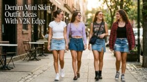 Denim mini skirt outfits in Y2K and casual summer styles shown together
