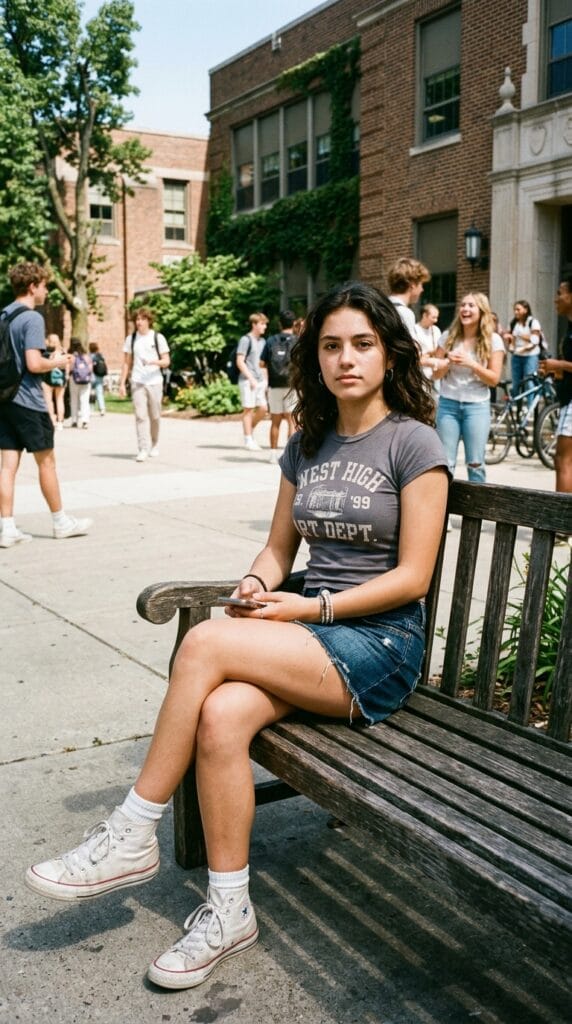 Teen girl in a denim mini skirt with a fitted graphic tee tucked in.