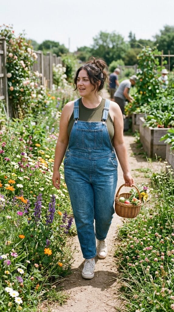 Plus-size woman wearing denim overalls over a fitted ribbed tank top.