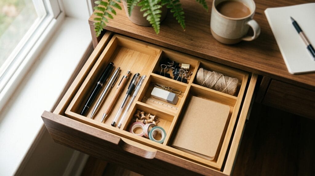A desk drawer organizer holding pens and small office supplies in compartments