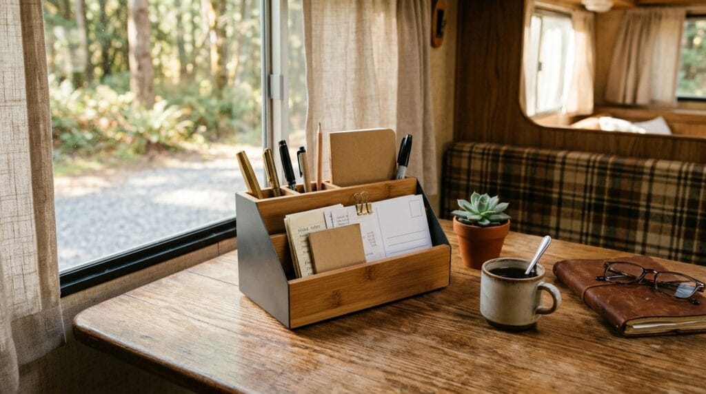 Compact desk organizer holding pens and documents on a small camper dinette table.