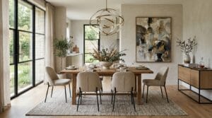 Modern dining room featuring layered textures, statement lighting, artwork, and elegant contemporary furnishings.