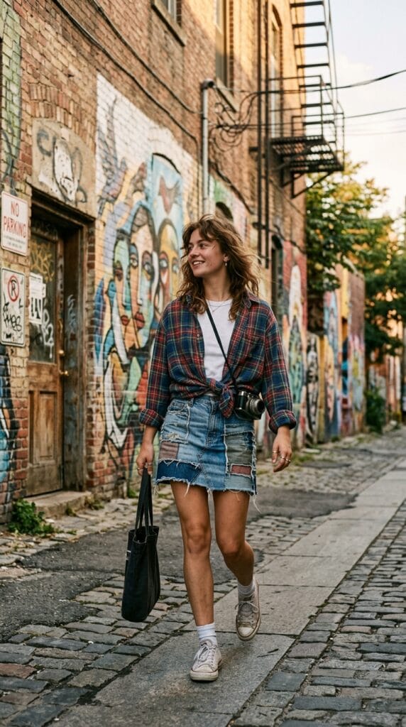 Denim Mini Skirt Outfit Ideas for Summer That Are Y2K and Casual 7 Distressed patchwork denim mini skirt with an oversized flannel tied at the waist