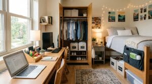 Organized dorm room featuring several budget friendly storage items under soft natural light.