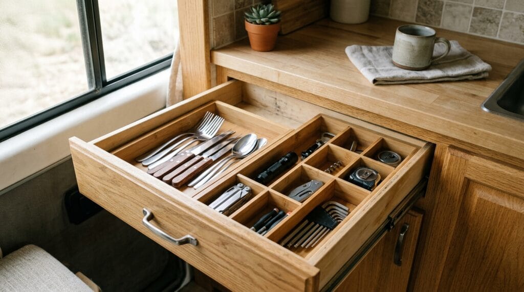 Open the camper drawer divided into compartments holding utensils and small travel tools neatly.