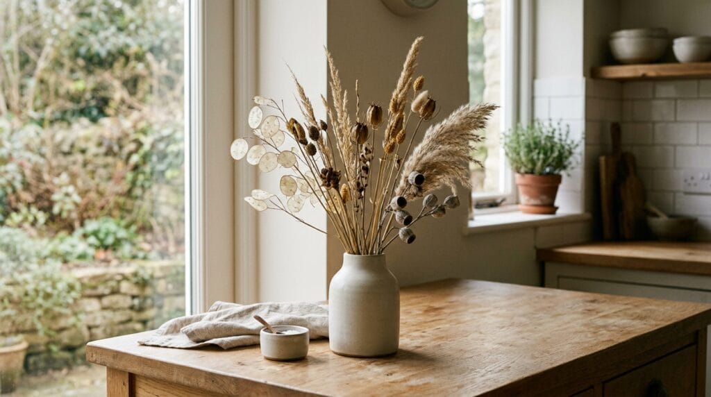 Dried botanical stems arranged in a simple vase on a kitchen counter.