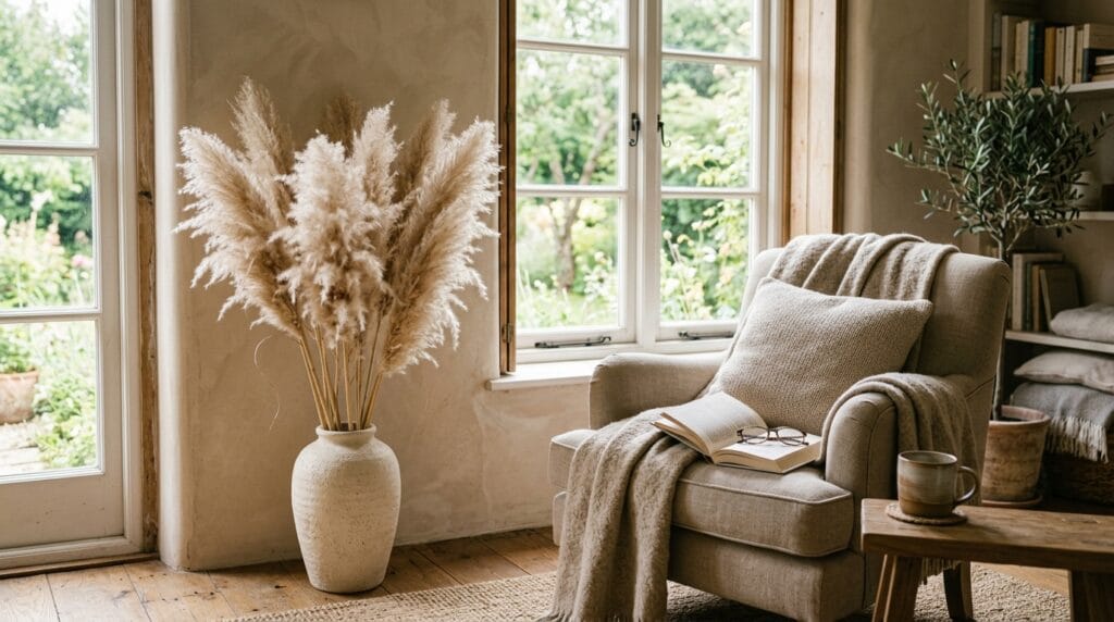Tall vase of dried pampas grass stems placed beside a reading chair in light.