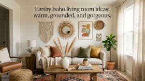 Editorial living room styled with woven, wood, and ceramic decor in warm natural light