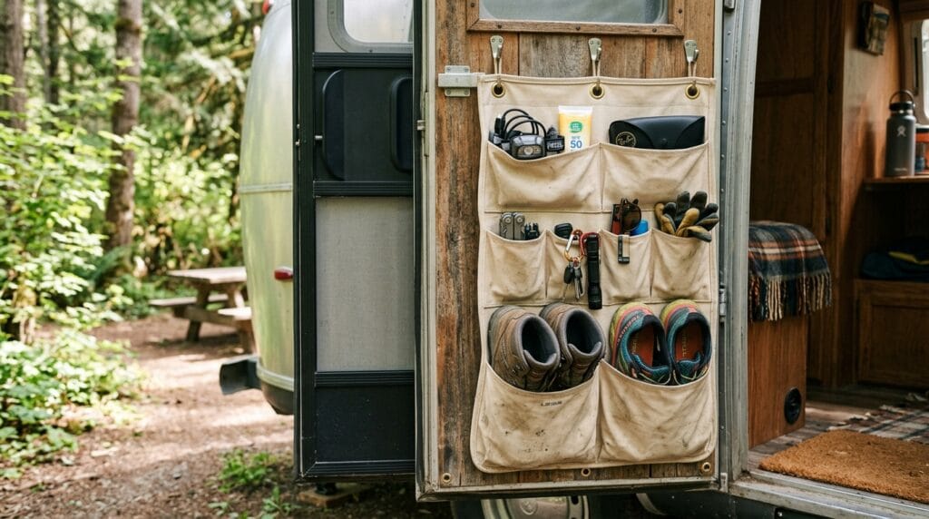 Hanging pocketed organizer mounted near a camper door holding shoes and outdoor gear.