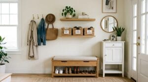 Organized entryway with shoe bench, cabinet, wall shelves, and labeled bins arranged neatly together.