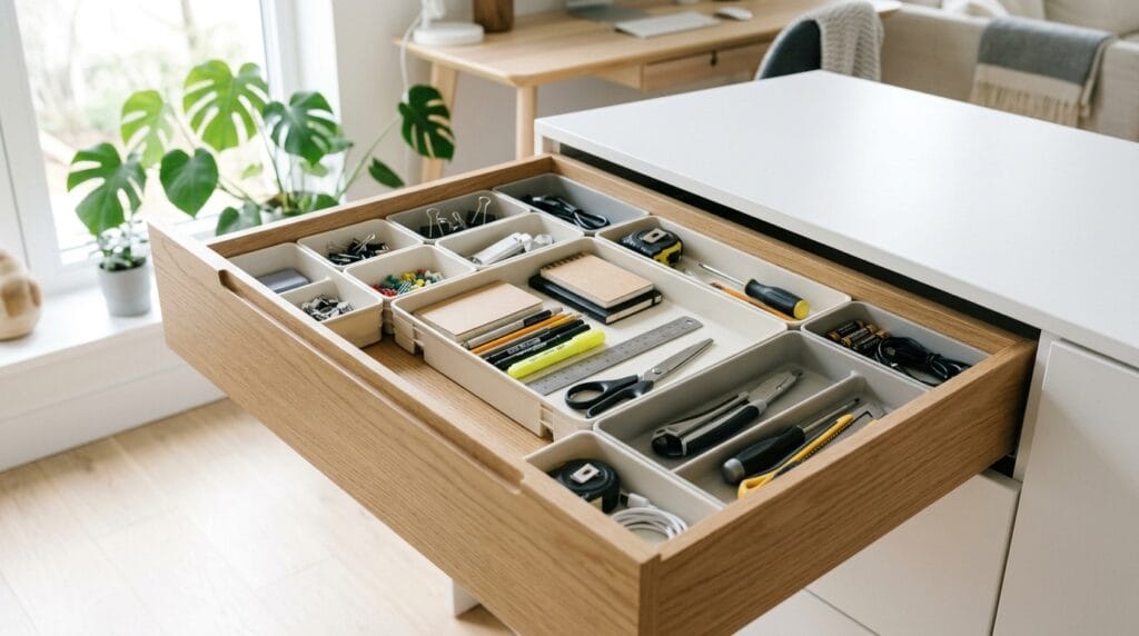 Expandable interlocking plastic trays arranged neatly inside a multi purpose storage drawer