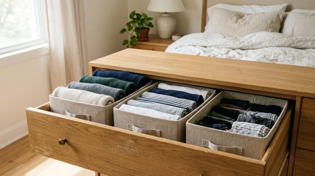 Fabric bins holding folded clothing items inside an open bedroom dresser drawer