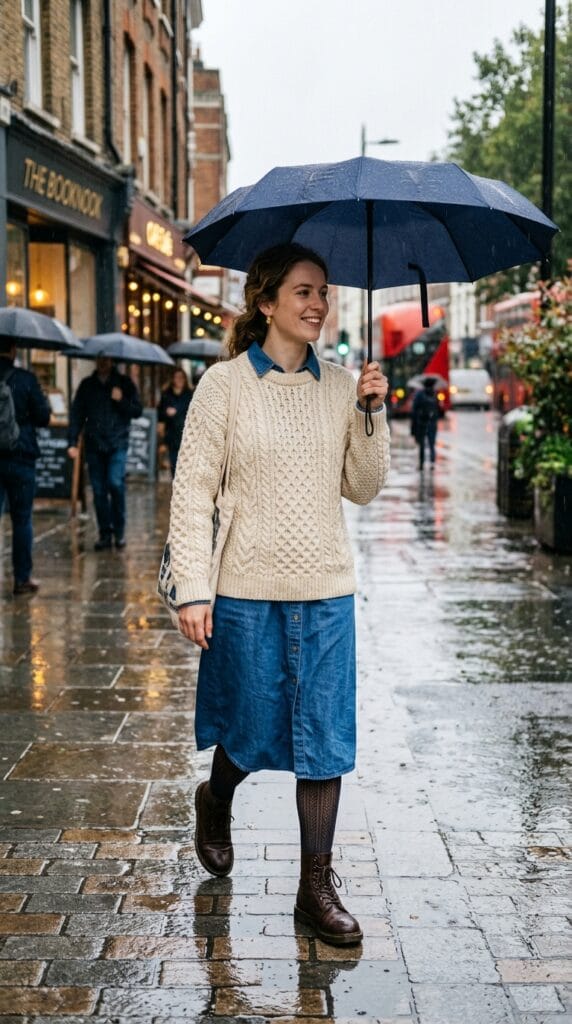 A woman wearing a cream fisherman's knit sweater over a blue shirtdress.