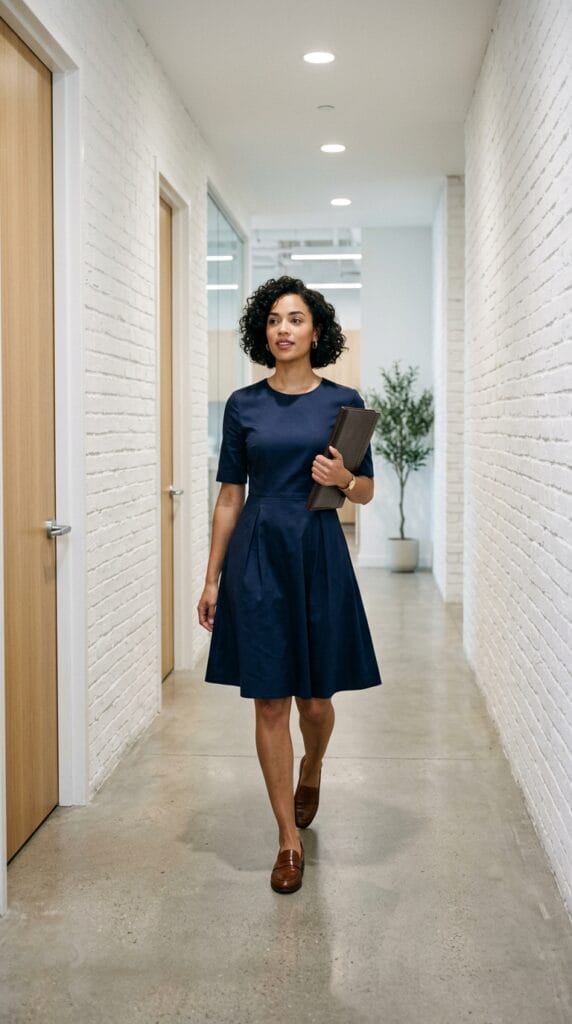 Navy cotton sateen short sleeve fit and flare dress for executive wear.