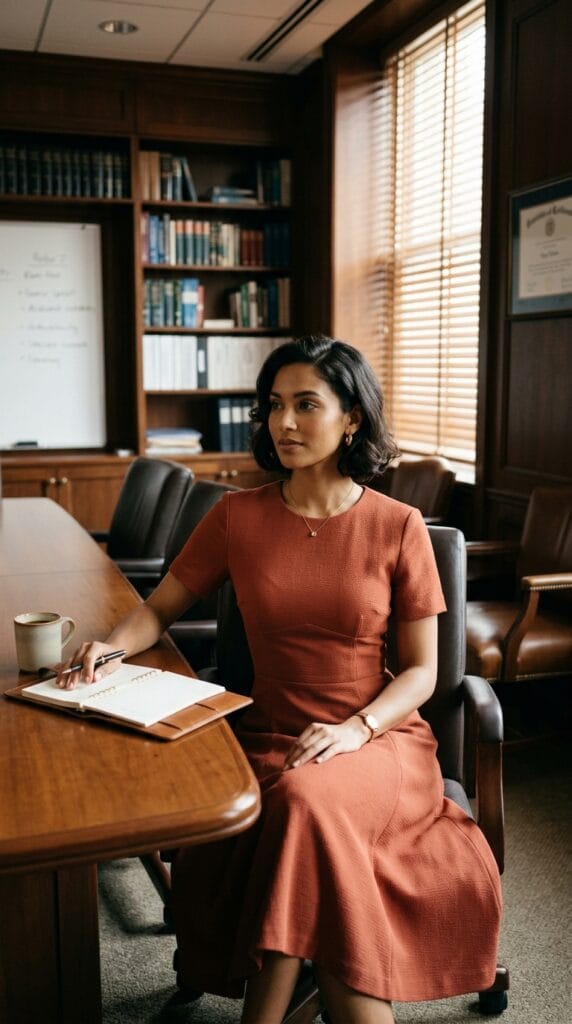 Teacher Outfit Ideas for Back to School: First-Week Looks That Make an Impression 8 Woman wearing a terracotta crepe fitted-flared midi dress in a school boardroom.