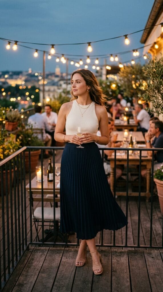 Modest Summer Outfits That Work for Every Occasion 7 Woman in a high-neck tank and pleated midi skirt at dusk