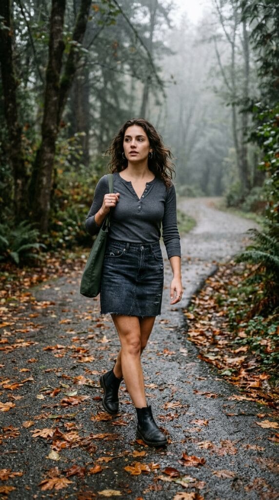 A woman in a charcoal Henley, denim skirt, and black leather Chelsea boots.