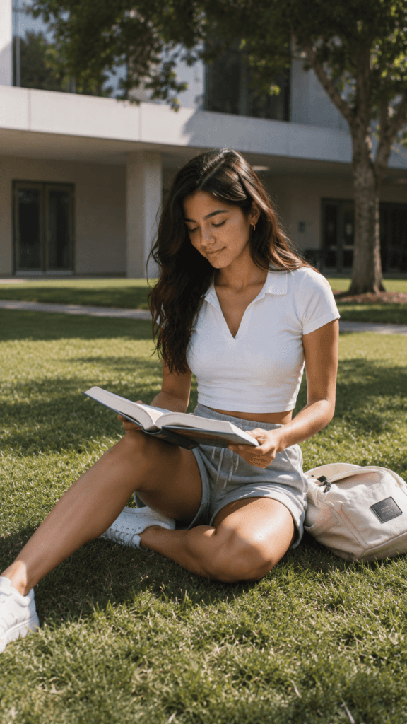 Summer School Outfit Ideas for Teen Girls: Fun, Fresh & Totally On-Trend 10 Teen girl wearing grey sweat shorts and a white cropped polo shirt.