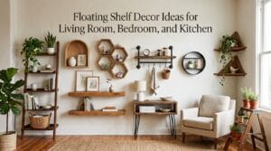 Naturally lit home interior displaying nine varied floating wood shelves styled across connected living spaces.