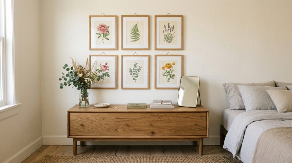 Coquette bedroom decor: soft, feminine, and utterly pretty 8 Framed floral botanical prints arranged neatly above a softly lit bedroom dresser surface.