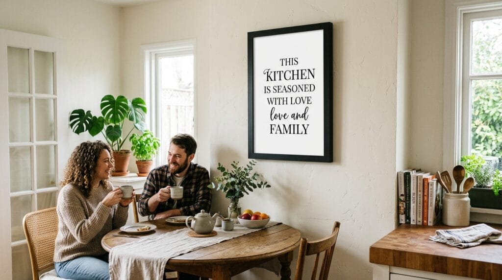 Black-and-white framed typographic print hanging above a kitchen dining nook.