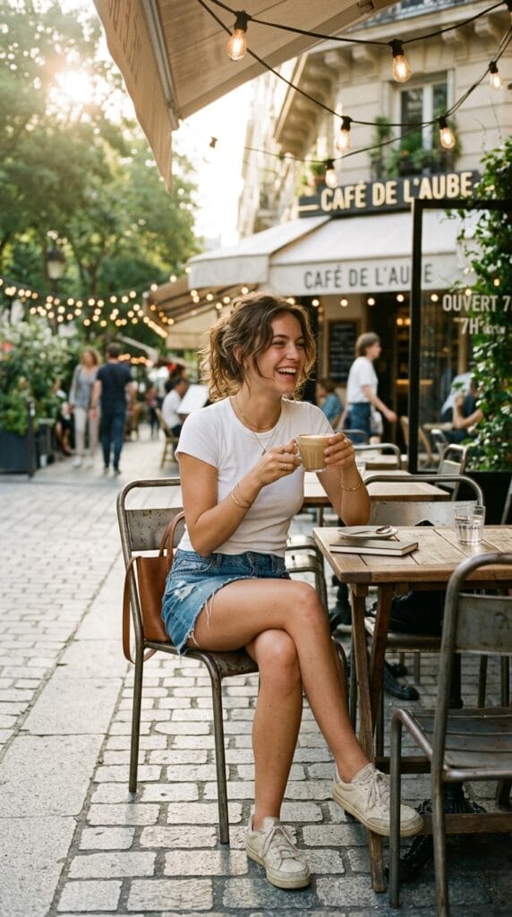 Denim Mini Skirt Outfit Ideas for Summer That Are Y2K and Casual 2 Frayed-hem low-rise denim mini skirt styled with a fitted white tee outdoors