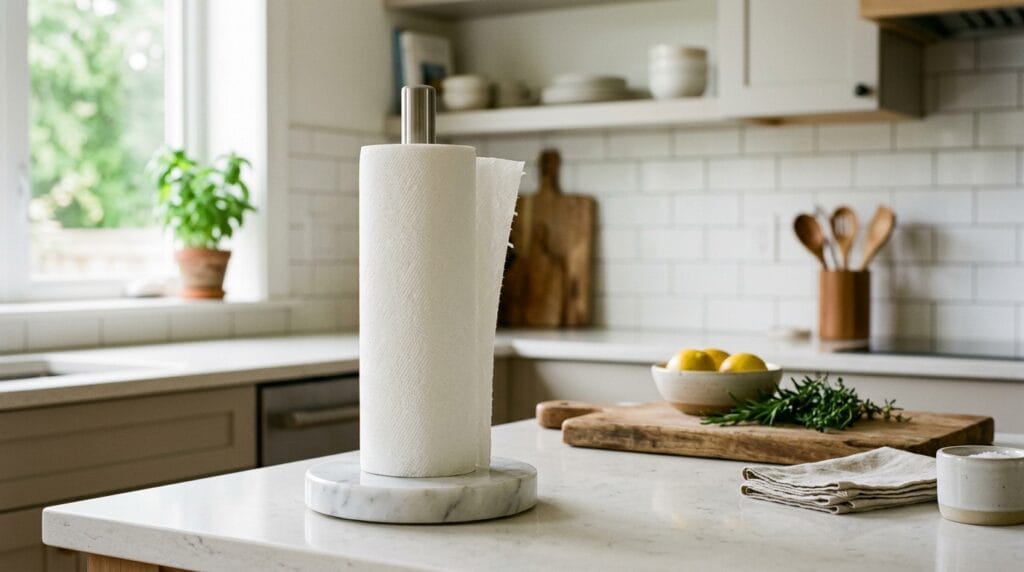 Freestanding marble-based paper towel holder styled on a kitchen counter.