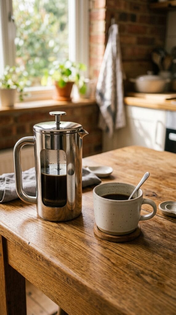 Last Minute Birthday Gifts for Her That Still Feel Incredibly Thoughtful 12 A stainless steel French press next to a coffee cup on a table.