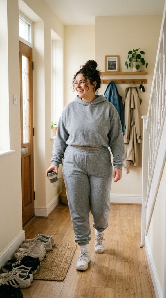 Plus size woman in matching french terry jogger set and cropped hoodie.